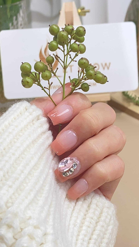 Handmade square press-on nails by LT-Glow, showcasing a harmonious blend of blue, white, and pink, adorned with sparkling diamond embellishments