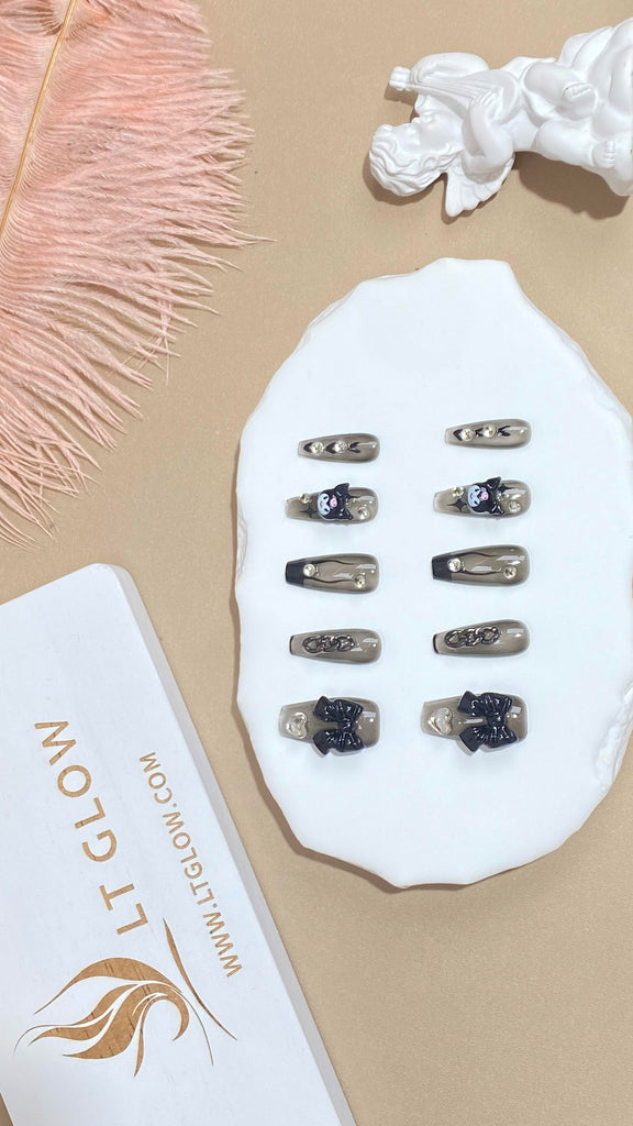 Handcrafted Coffin-Shaped Nails with Black Cartoon French Glitter Design by LT Glow