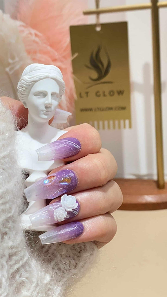 Handmade coffin press-on nails by LTGlow, showcasing a stunning gradient purple design adorned with diamonds, rose motifs, and pearlescent embellishments