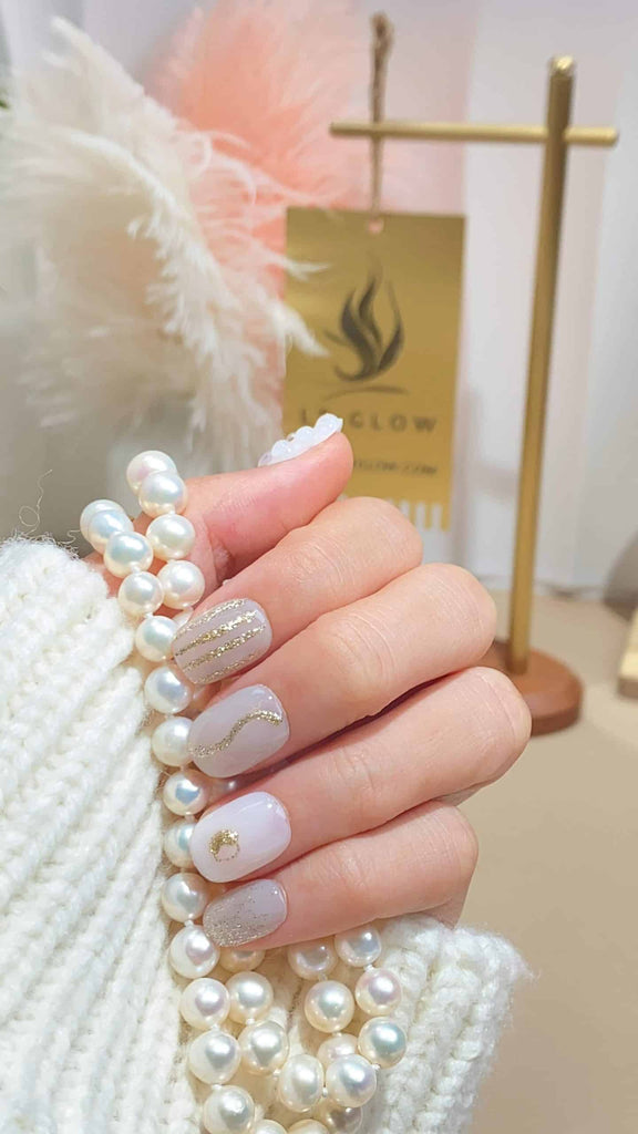 LT Glow's Gray and White Squoval Nails enriched with Pearls and Charms