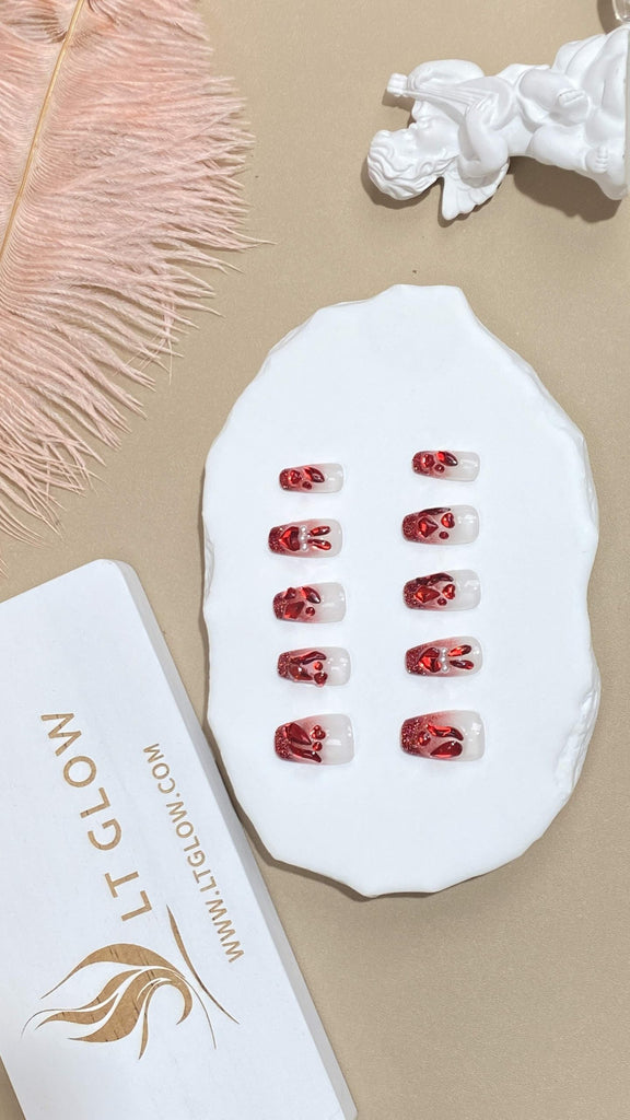Vibrant Red Long Coffin Nails featuring Rabbit Accents and Pearl Enhancements by LT Glow