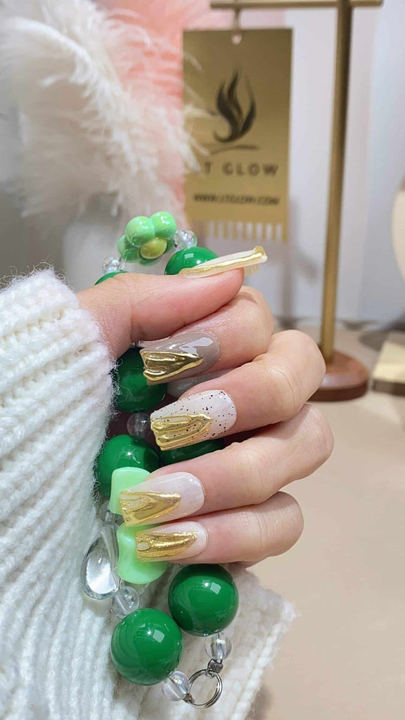 Chic square press-on nails by LT-Glow, merging a palette of white, yellow, and brown, accentuated with 3D artistry for a distinctive and stylish appearance