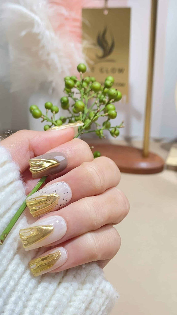 Handcrafted square press-on nails by LT-Glow, blending the serenity of white with warm shades of yellow and brown, enhanced by unique 3D detailing for a tactile finish