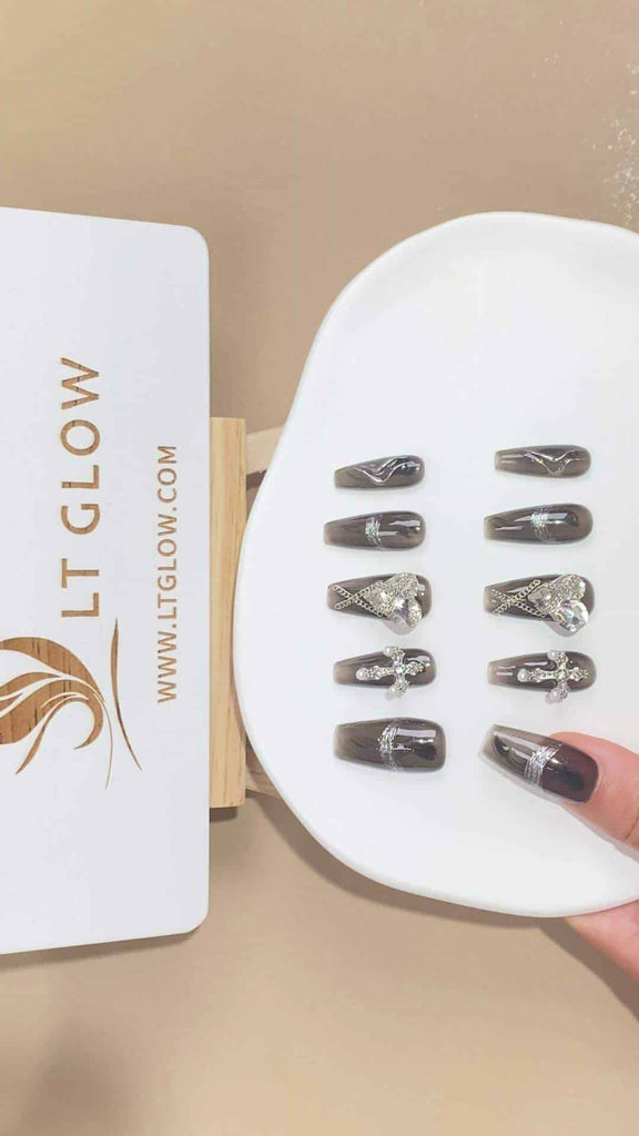 Elegant Brown Coffin Press-On Nails by LT Glow, Adorned with Shimmering Pearls and Diamonds