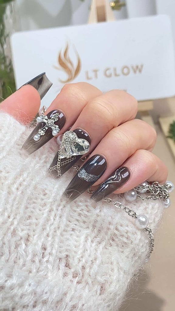 LT Glow: Brown Coffin-Shaped Handmade Press-On Nails Accented with Pearls and Diamonds