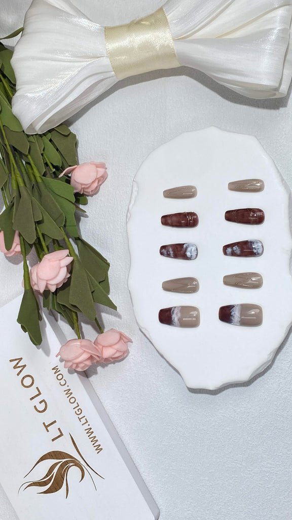 Handmade false nails from LT Glow, masterfully designed in a coffin silhouette and adorned with hand-painted gray and brown hues