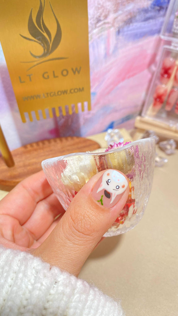 Handmade false nails from LT Glow, presenting a captivating squoval shape in purple, blue, and nude, complemented by unique hand-painted horse and flower artistry, crafted with precision.