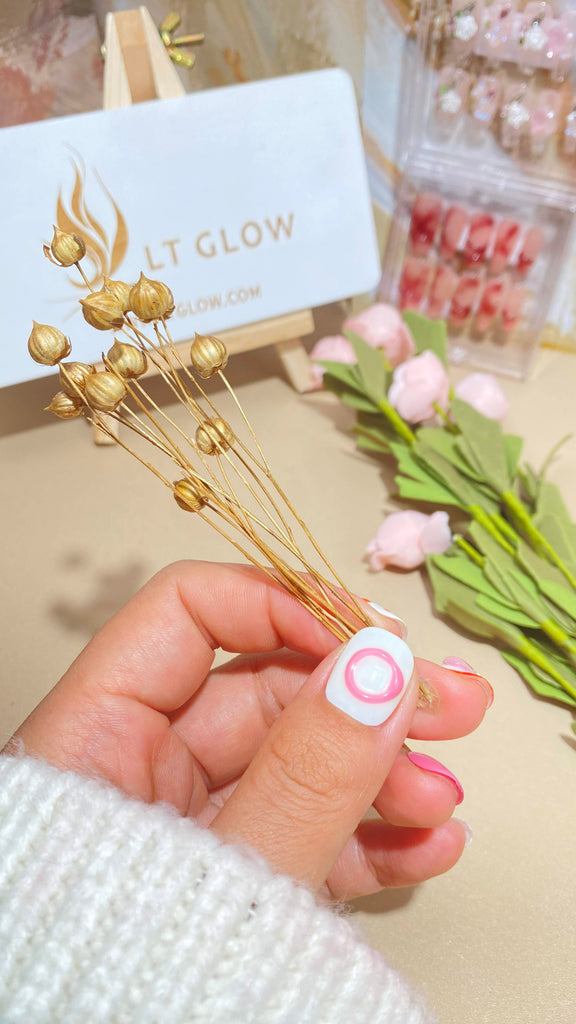 Handmade false nails from LT Glow, presenting a captivating square shape in pink and white, adorned with intricate 3D and charming hand-painted artistry, crafted with precision.